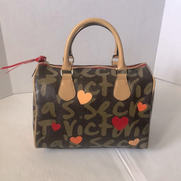 Victoria's Secret Handbags - Victoria's Secret Brown Graffiti Heart Satchel with Red and Orange Accents
